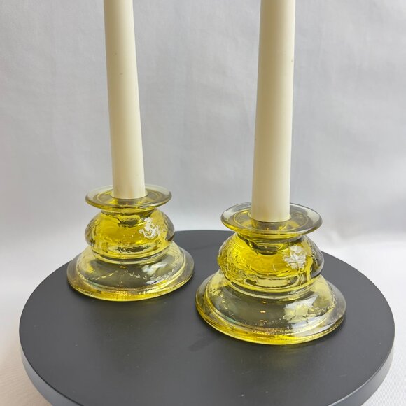 Indiana Glass 1970s Madrid Style Yellow Glass Vintage Candlestick Holders Pair - Picture 3 of 12